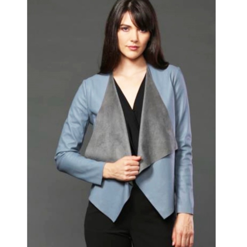 FATE by LFD Blue Grey Faux Leather Open Blazer Cardigan Size Medium